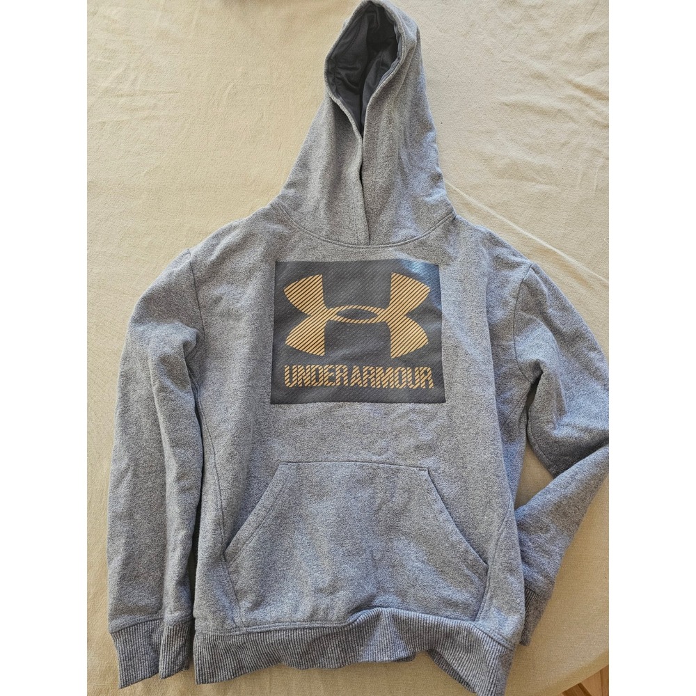Under Armour Boys ColdGear Threadborne Hoodie Gray Gold Logo YMD Medium Pullover